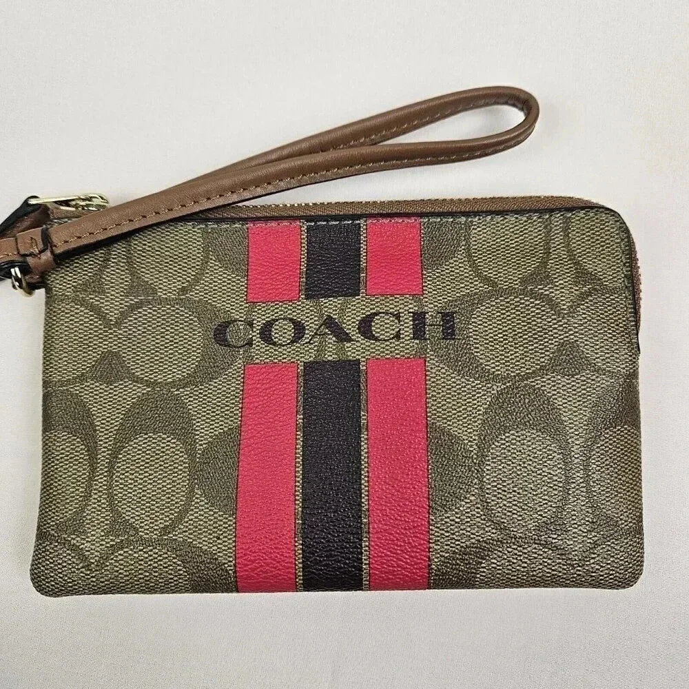 Coach Varsity Large Wristlet Khaki Pink‎ Ruby Stripe Signature C Canvas
